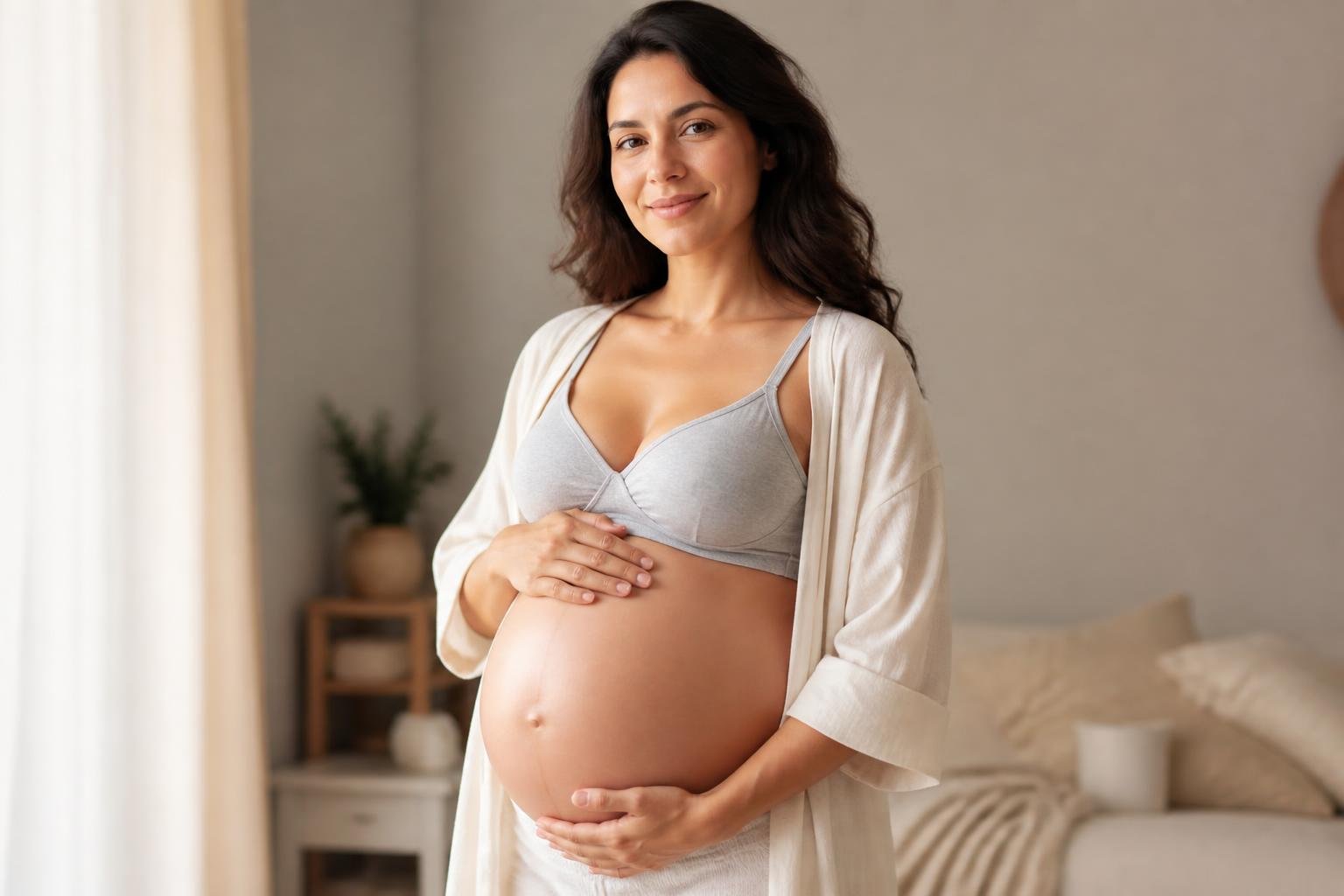Pregnant woman gently holding her belly in a softly lit room, wearing a maternity bra and a light top.