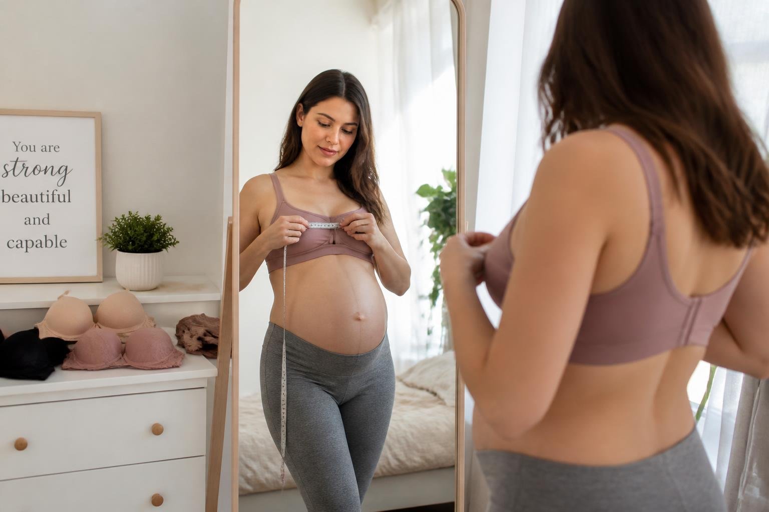 Pregnant woman measuring her bust in front of a mirror in a bedroom.