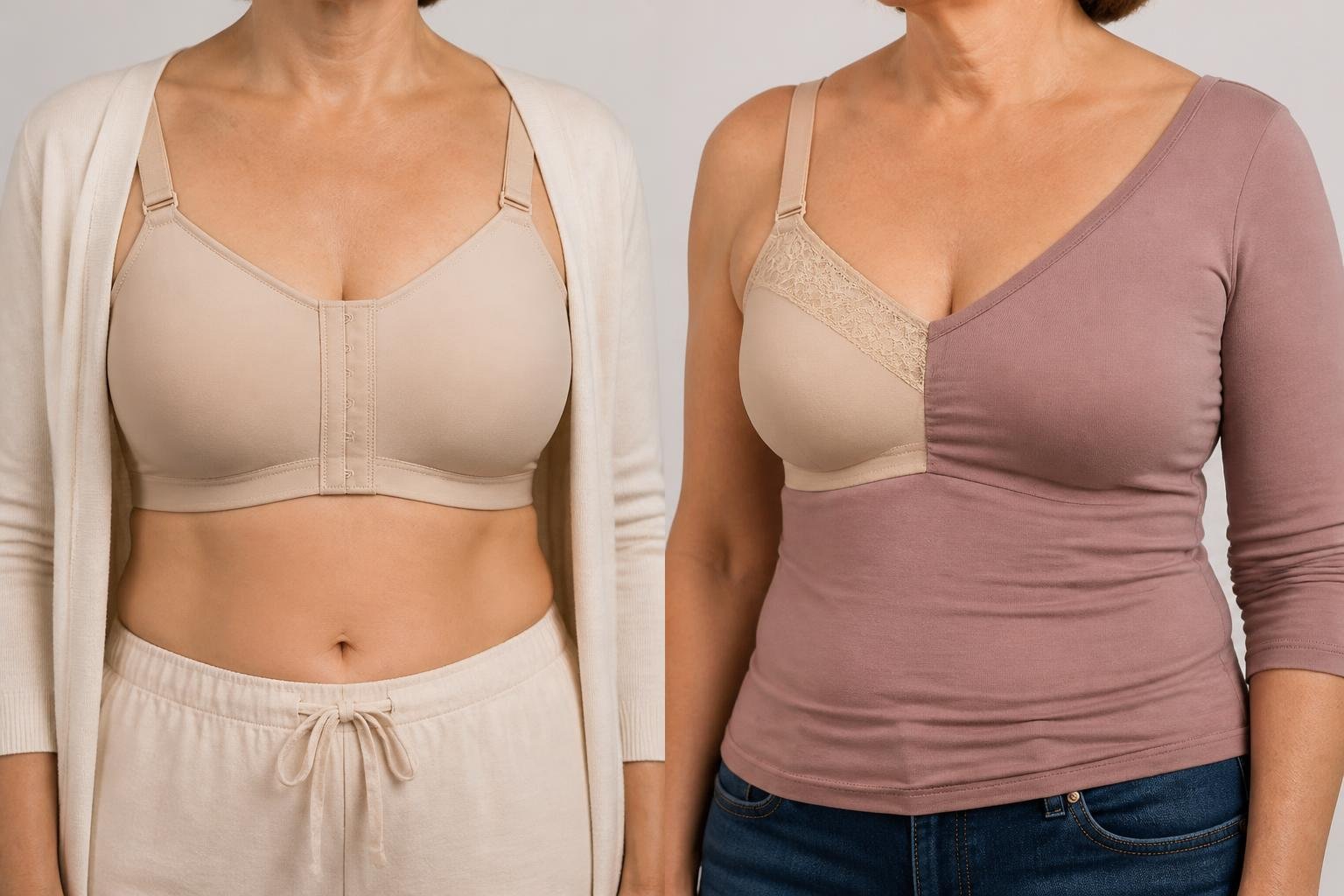Side-by-side image of two women from the waist up, one after bilateral mastectomy wearing a specialized bra and smooth clothing, the other after unilateral mastectomy wearing a bra with prosthesis and fitted top.