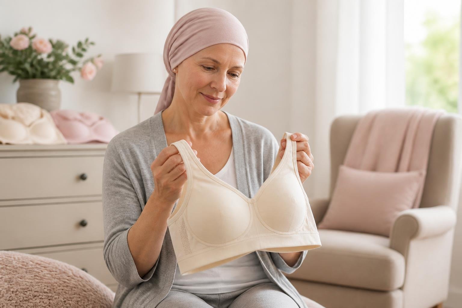 A woman sitting in a cozy room holding a soft, comfortable bra designed for sensitive skin.