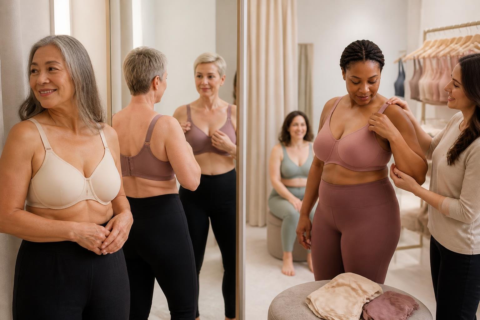 Women trying on bras designed for comfort and fit after nipple-sparing mastectomy in a bright fitting room with a fitter assisting them.