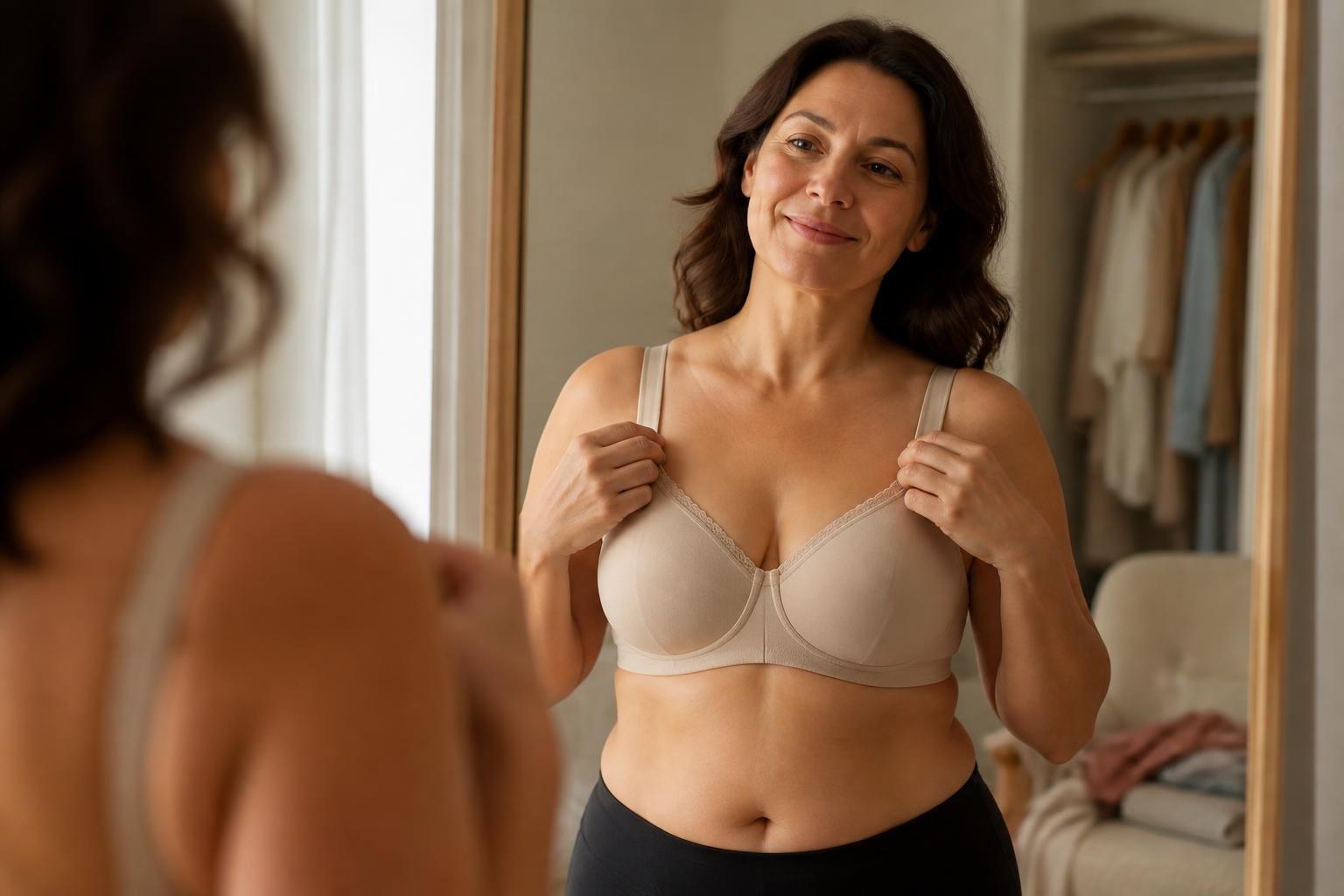 A woman adjusting a comfortable bra in front of a mirror in a bedroom, showing confidence and comfort after a nipple-sparing mastectomy.