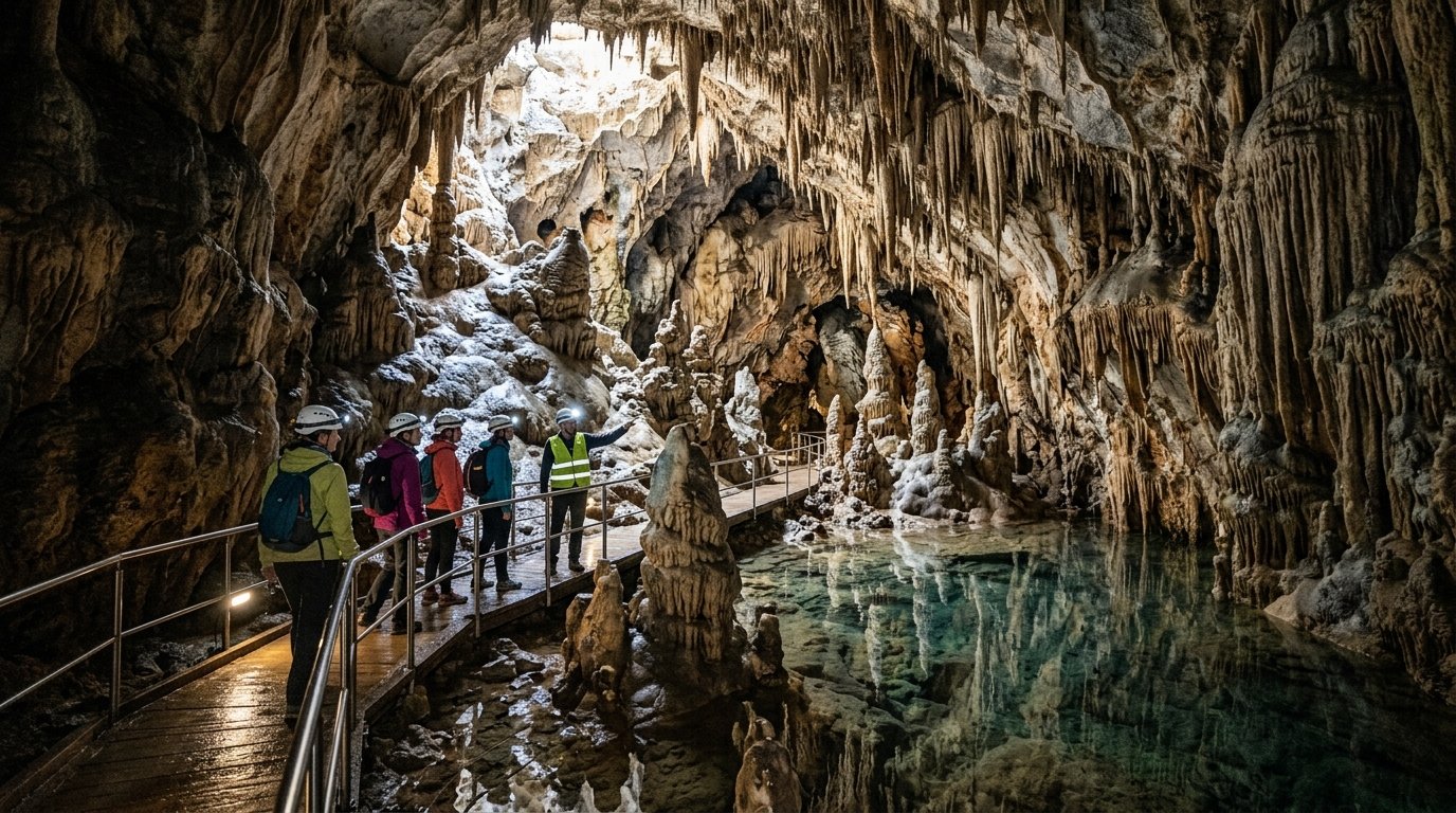 Unutrašnjost špilje s kamenim formacijama i podzemnim jezerom, s nekoliko posjetitelja koji istražuju prostor.