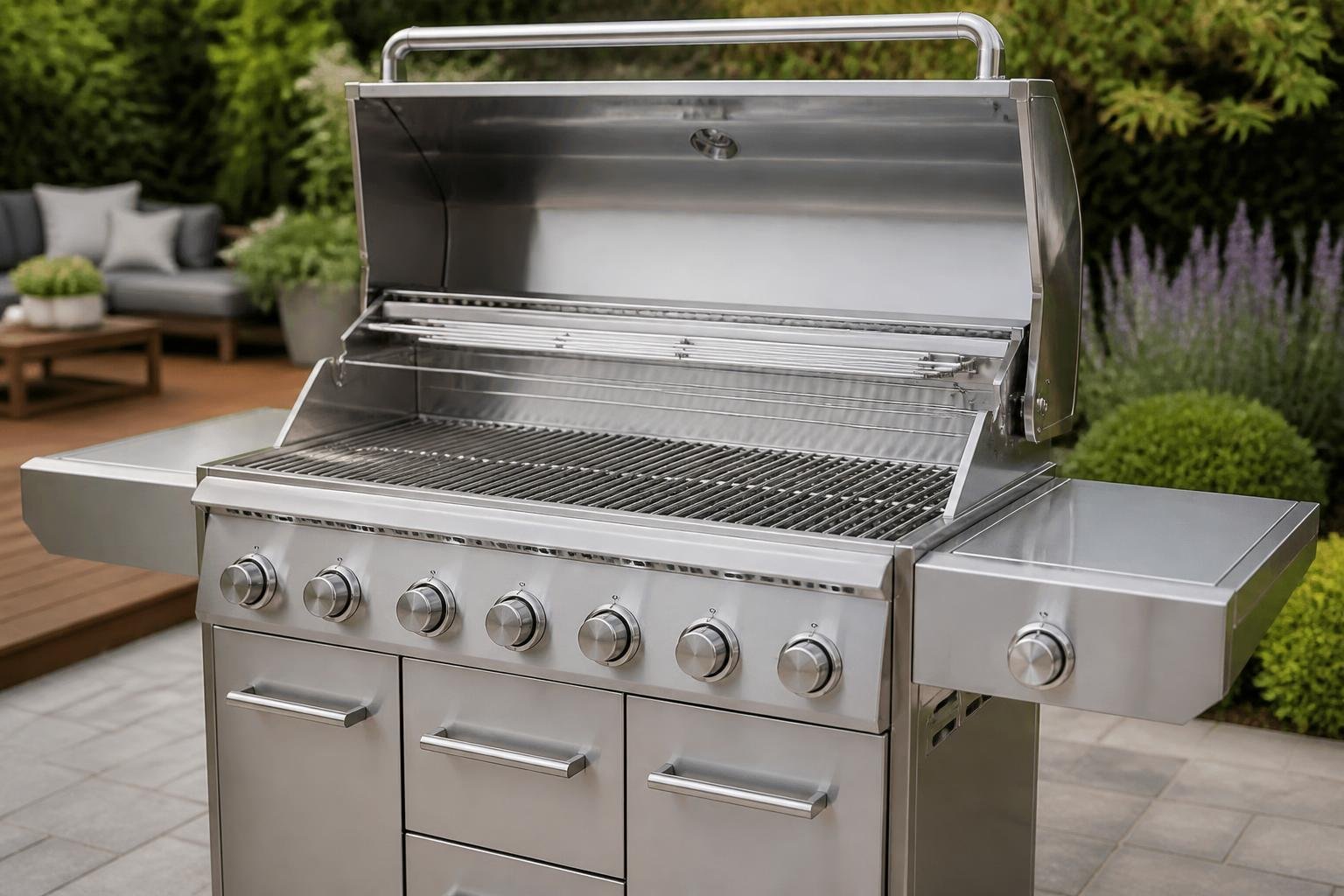 A stainless steel propane gas grill with six burners on a patio surrounded by greenery.
