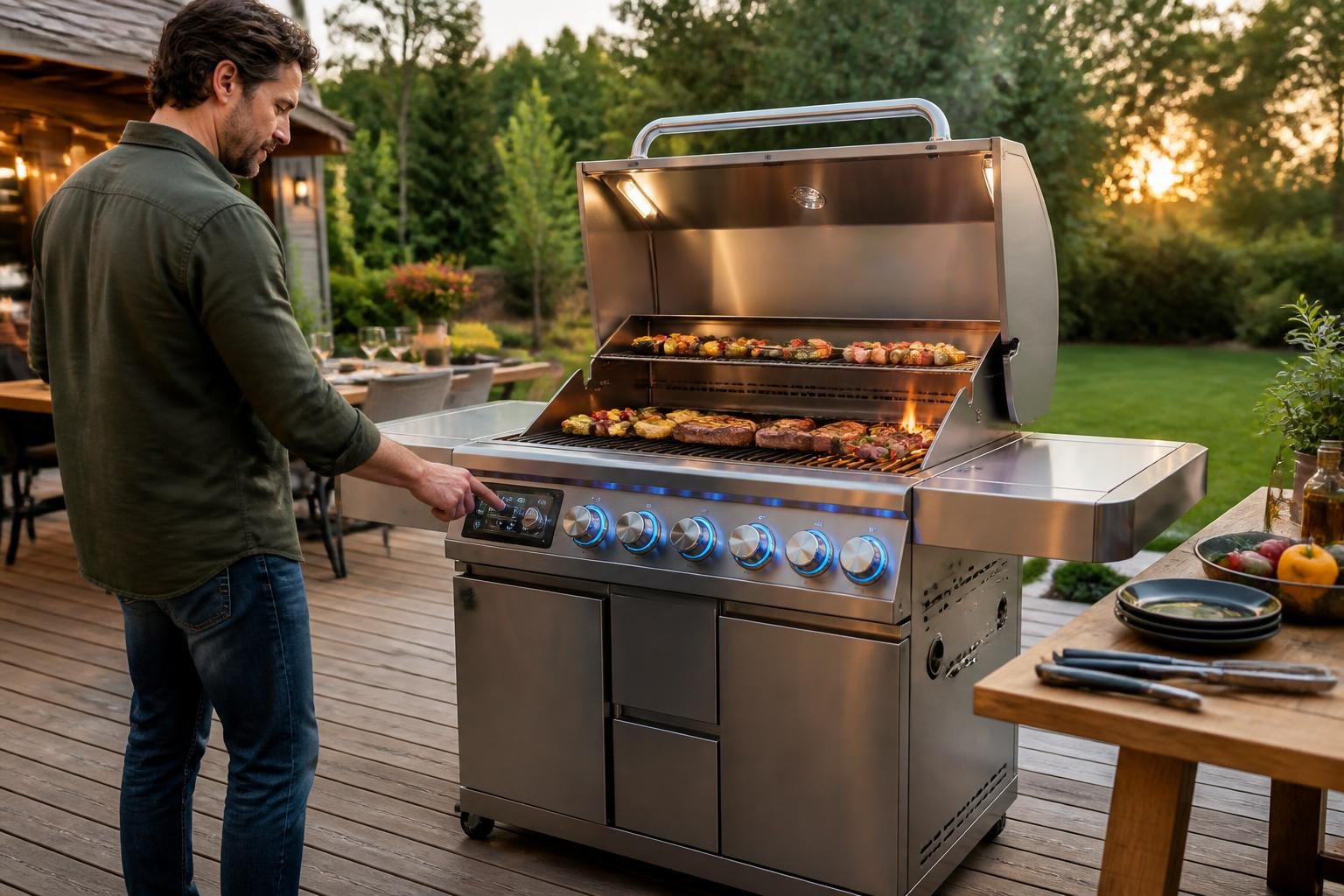 An outdoor stainless steel propane gas grill with food cooking on it and a person using the grill's control panel in a backyard patio setting.