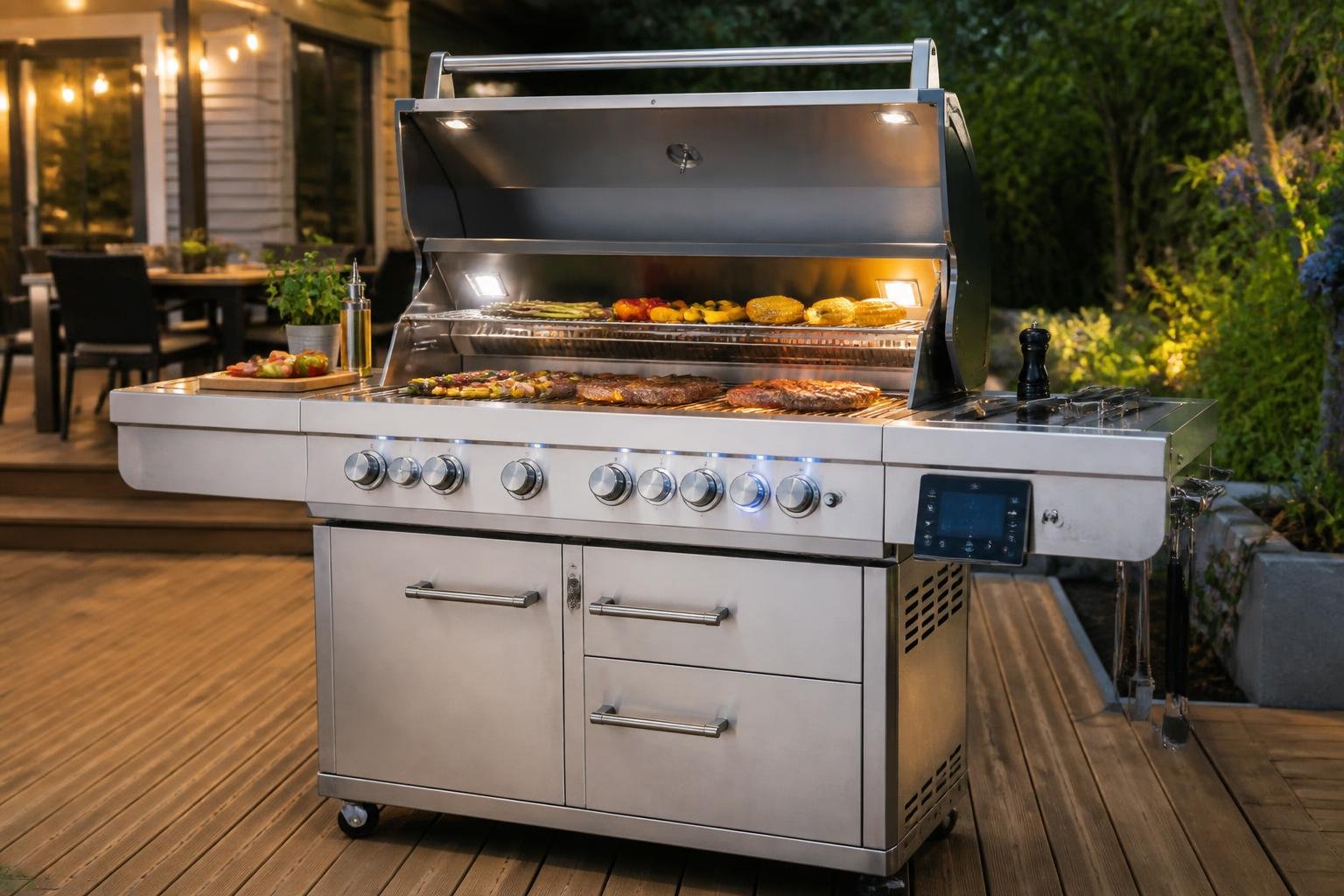A stainless steel 6-burner propane gas grill outdoors with food cooking on the grill grates.