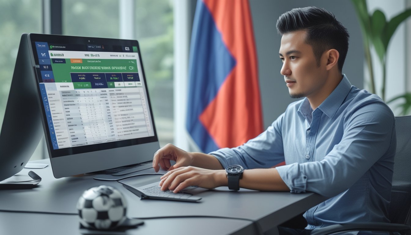 Seorang pria Indonesia duduk di meja dengan laptop dan bola sepak, sedang menganalisis data taruhan olahraga.