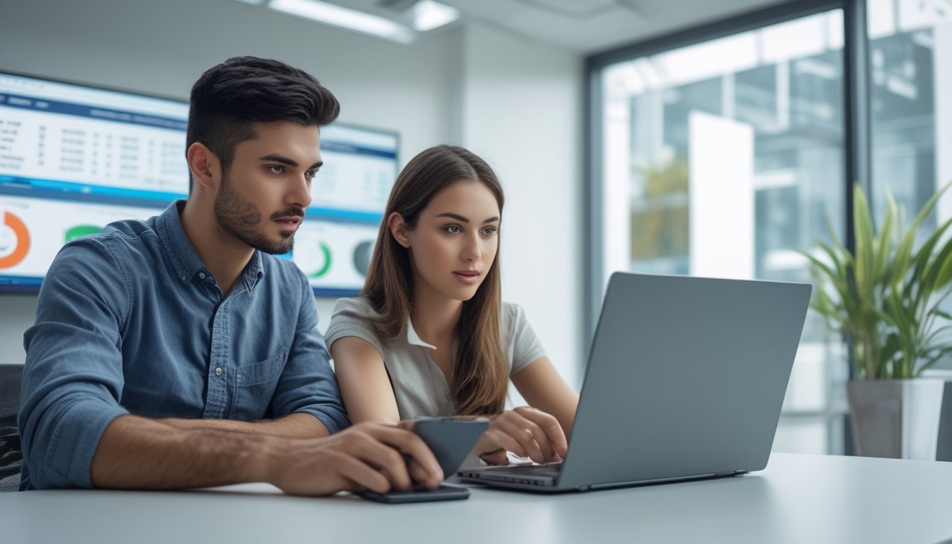 Dua orang muda sedang berdiskusi dan melihat layar laptop dan ponsel di meja kantor yang terang dan rapi.