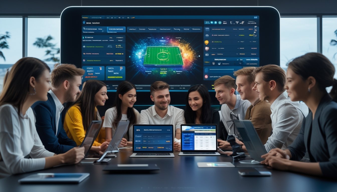 Sekelompok orang muda sedang menggunakan perangkat digital untuk bermain taruhan bola online di ruangan modern.