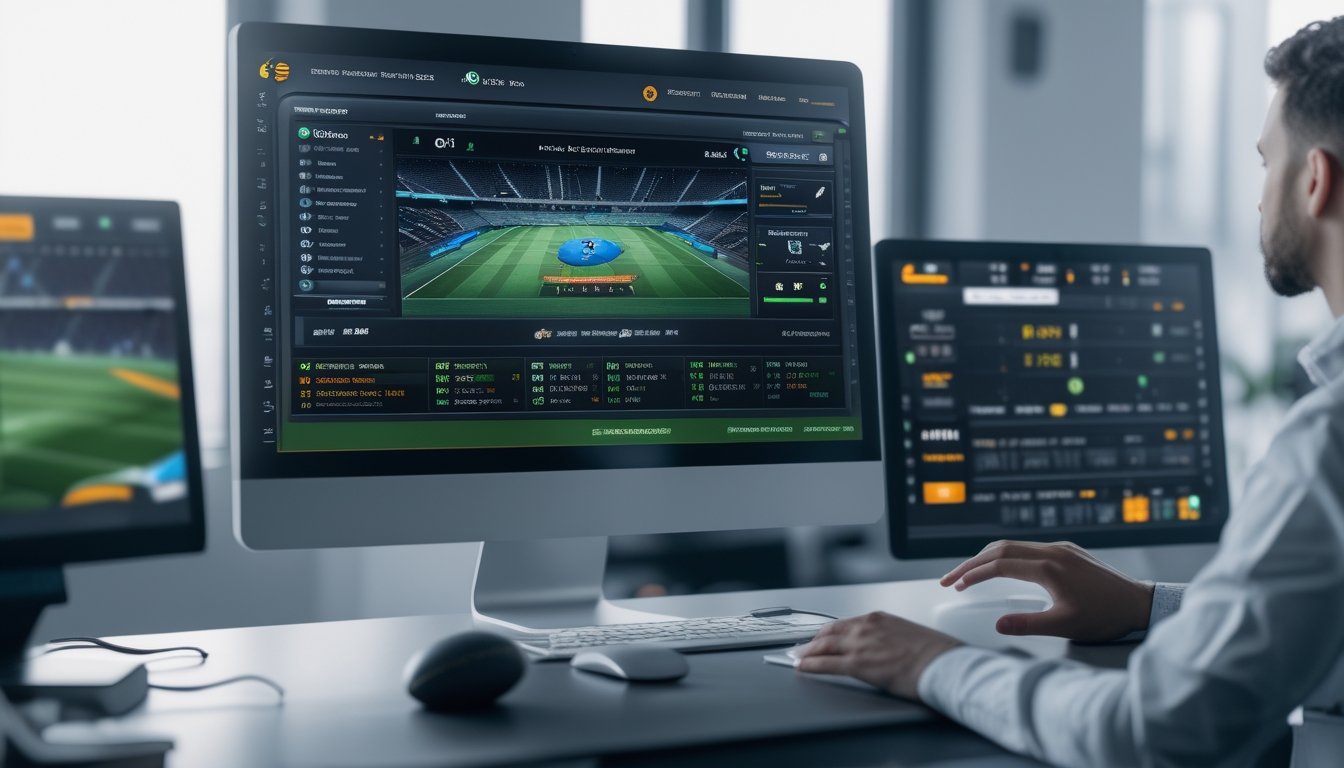 Seseorang sedang menggunakan komputer dengan tampilan antarmuka taruhan sepak bola online yang menampilkan statistik dan peluang pertandingan.