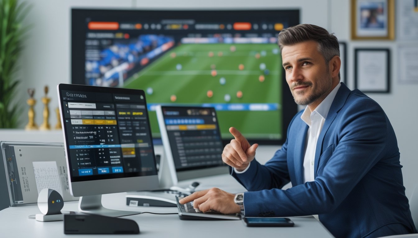 Seorang pria duduk di meja dengan beberapa perangkat digital yang menampilkan statistik dan peluang pertandingan sepak bola, sambil melihat layar besar yang menayangkan pertandingan sepak bola langsung.