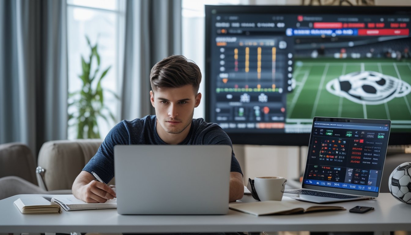Seorang pria muda fokus duduk di meja dengan laptop dan layar besar menampilkan pertandingan sepak bola dan statistik taruhan.
