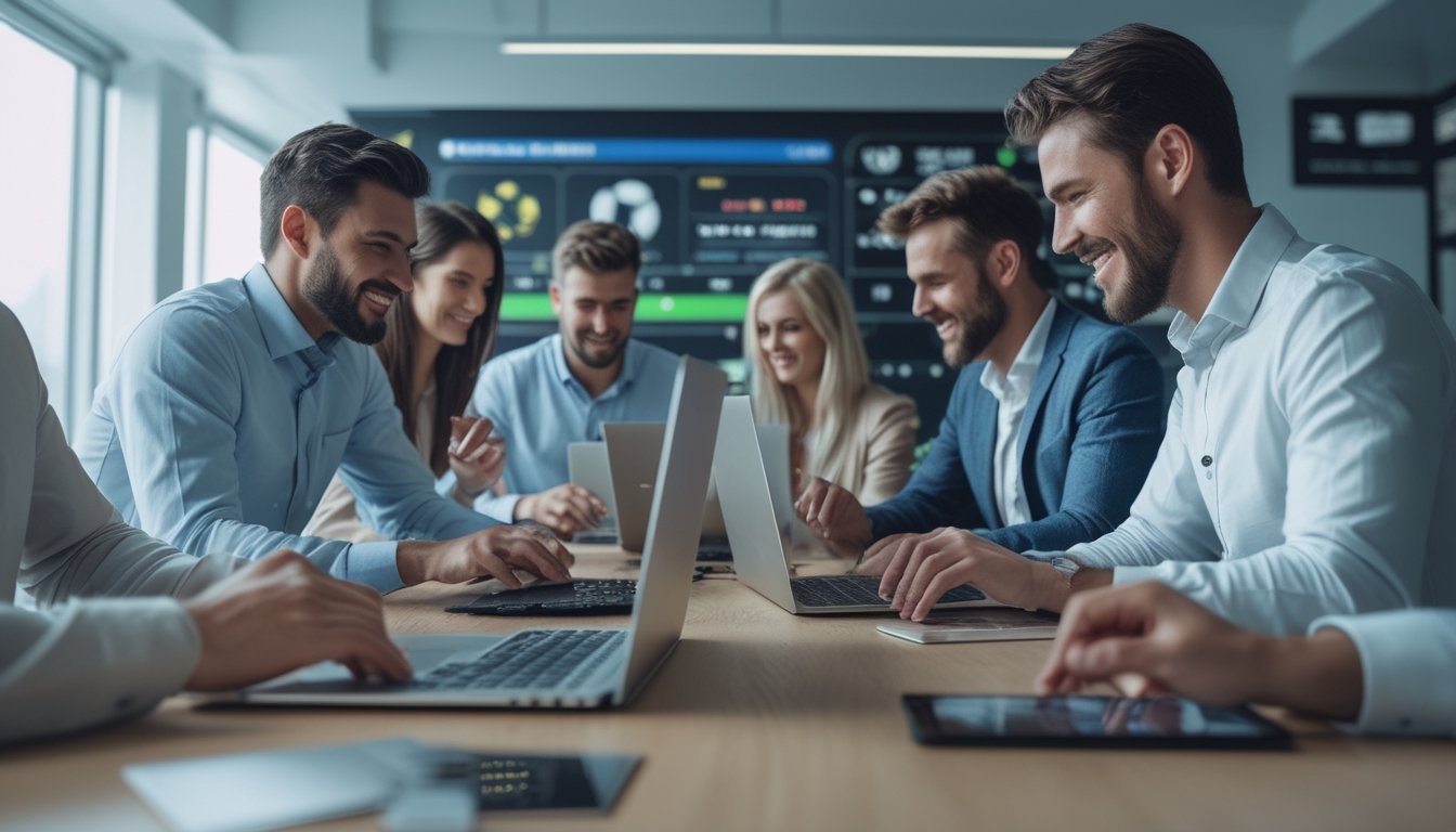 Orang-orang menggunakan perangkat digital untuk taruhan bola di lingkungan kantor modern.
