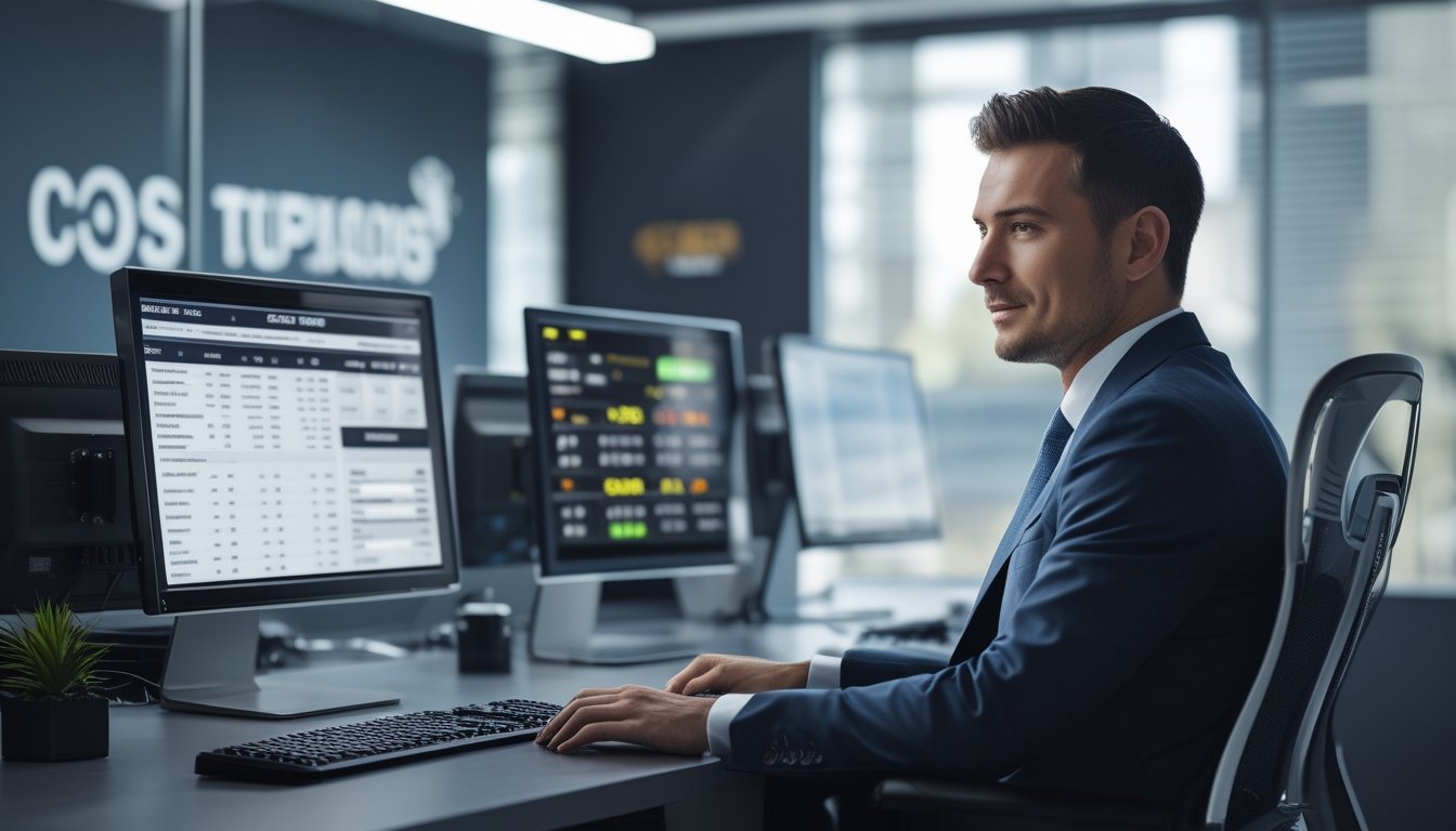 Seorang pria profesional duduk di depan beberapa monitor komputer yang menampilkan statistik dan peluang taruhan olahraga resmi di sebuah kantor modern.