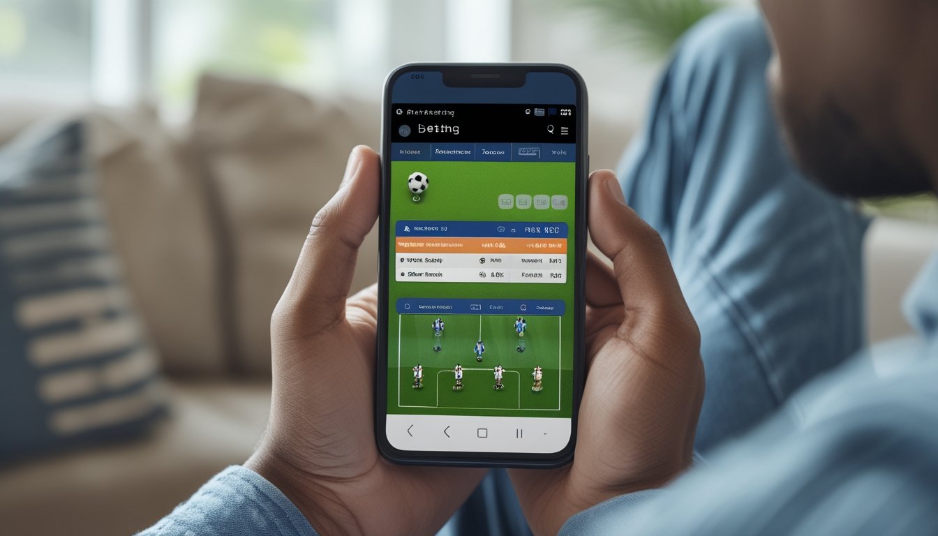 Seseorang memegang smartphone yang menampilkan aplikasi taruhan sepak bola online dengan latar belakang ruangan rumah yang nyaman.