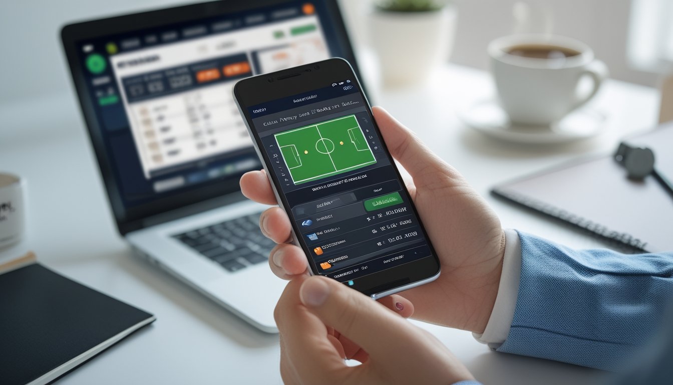 Seseorang memegang smartphone yang menampilkan aplikasi taruhan bola online di lingkungan kerja yang rapi dan terang.