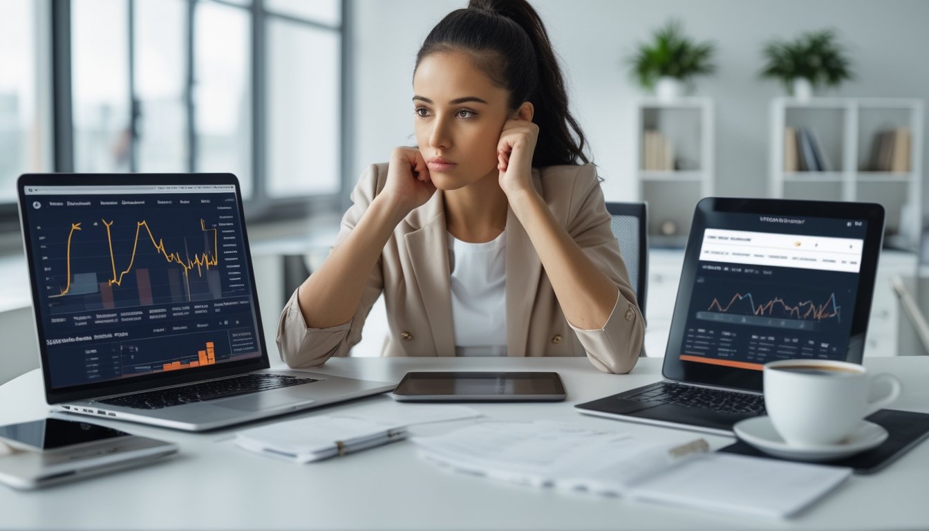 Seseorang duduk di meja kerja modern, memeriksa data di laptop dan tablet untuk mengecek reputasi situs taruhan bola.
