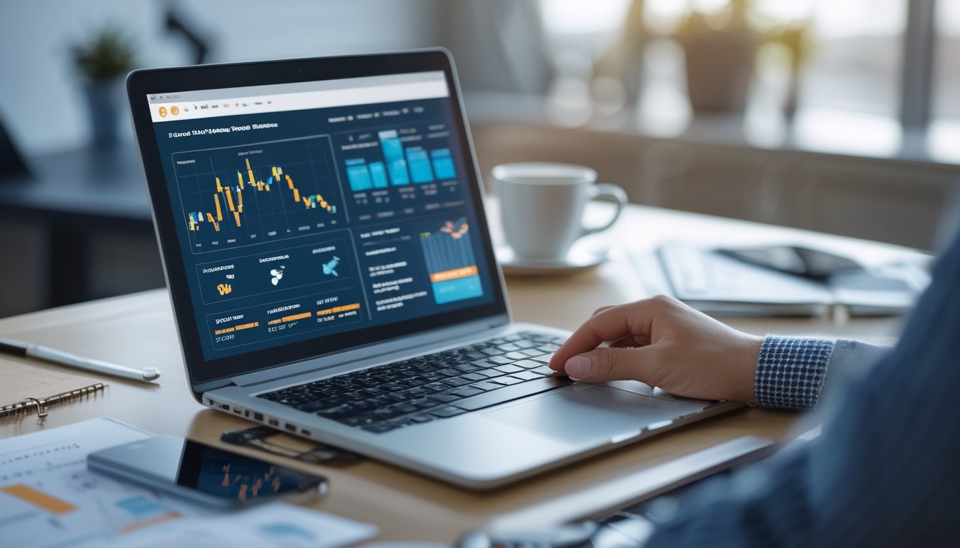 Seorang profesional sedang bekerja di depan laptop dengan grafik dan data terkait situs bandar bola online yang terpercaya di atas meja bersih.