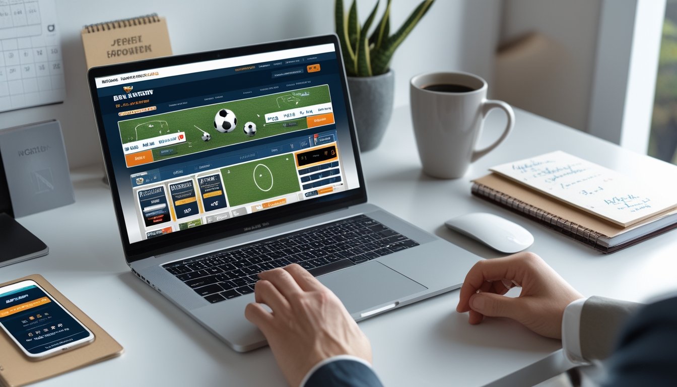 Sebuah ruang kerja modern dengan laptop yang menampilkan situs taruhan olahraga online, smartphone, buku catatan, dan cangkir kopi di atas meja.