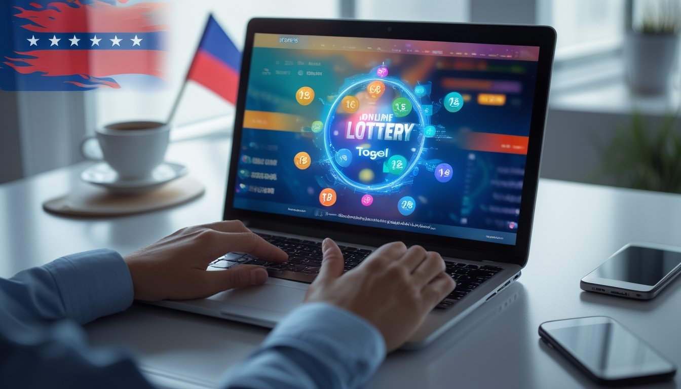 Seorang pengguna sedang menggunakan laptop dengan tampilan antarmuka togel online di meja kerja yang rapi.