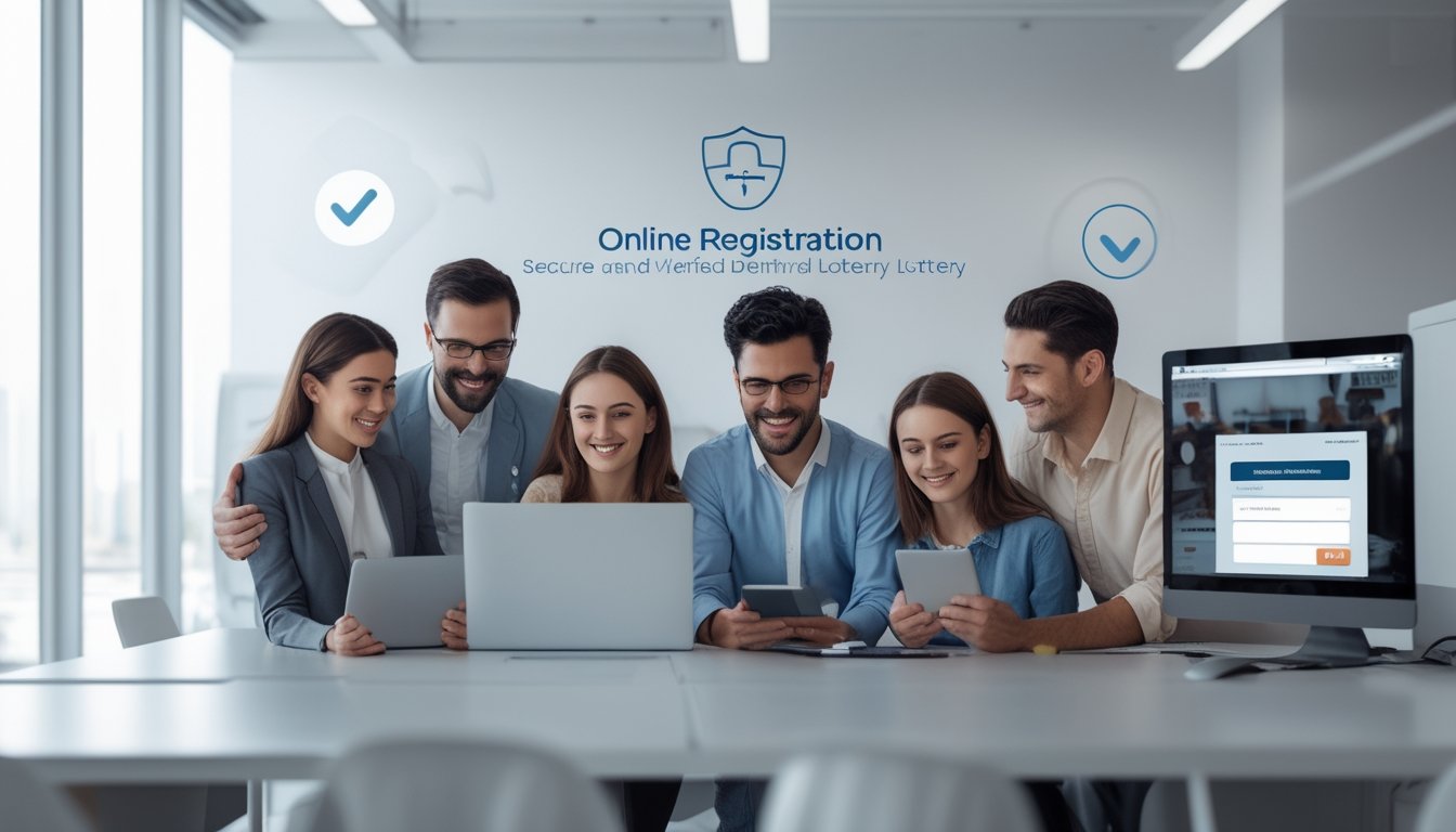 Orang-orang menggunakan perangkat digital di ruang kerja modern yang terang dan rapi, menunjukkan proses pendaftaran online yang aman dan terpercaya.
