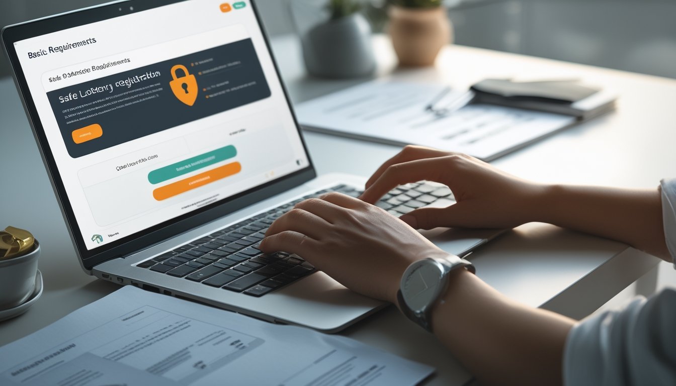 Seseorang sedang bekerja di depan laptop dengan dokumen di meja, menunjukkan proses pendaftaran togel online yang aman.