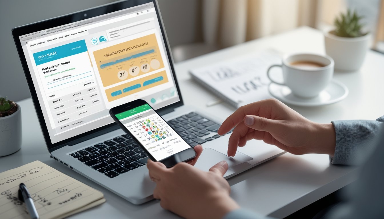 Seseorang sedang menggunakan laptop dan ponsel di meja kerja untuk memilih situs togel online dengan suasana yang rapi dan terang.