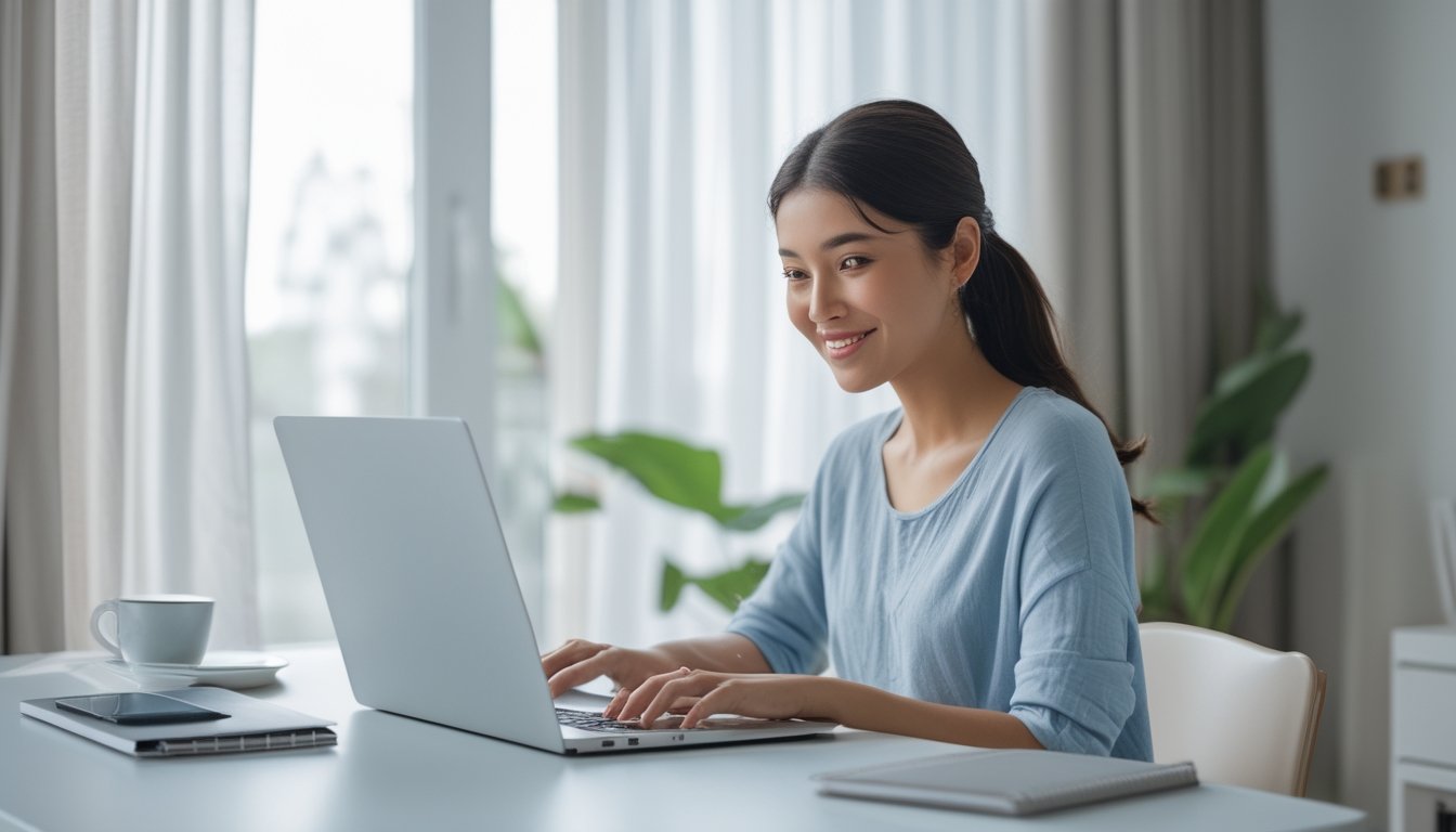 Seorang wanita muda duduk di meja kerja menggunakan laptop dengan ekspresi fokus dan santai di ruangan terang dengan tanaman hijau.