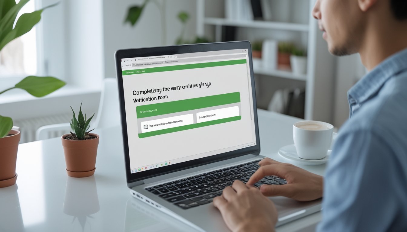 Seorang dewasa muda sedang menggunakan laptop di meja kerja modern untuk mendaftar secara online dengan proses verifikasi yang mudah.
