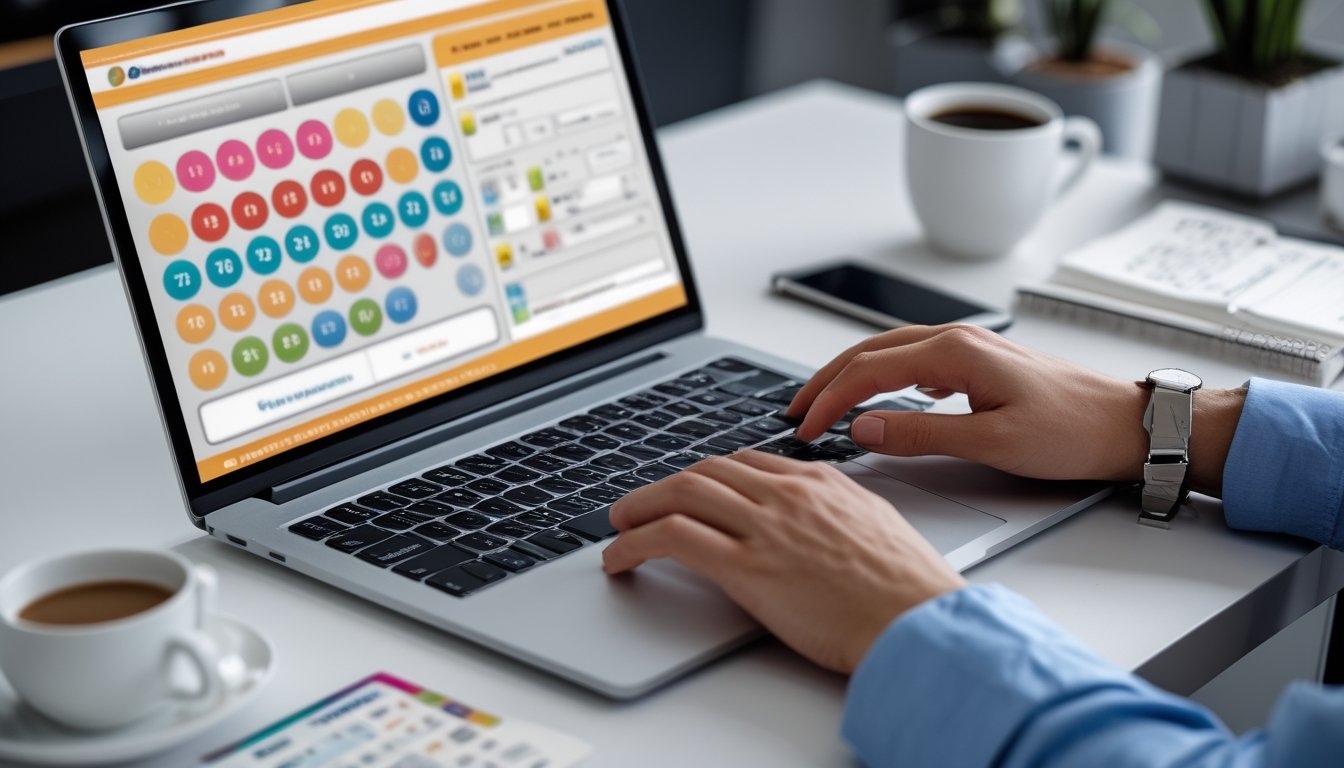 Meja kerja modern dengan laptop yang menampilkan situs pendaftaran togel online, tangan seseorang sedang mengetik, dengan kopi dan ponsel di dekatnya.