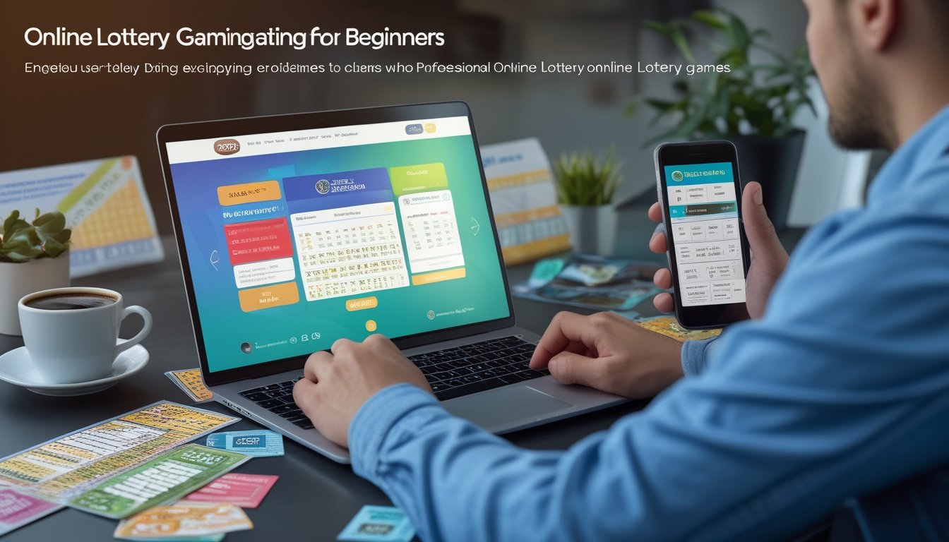 Sebuah meja kerja dengan laptop yang menampilkan situs togel online, tiket togel, ponsel dengan hasil togel, dan secangkir kopi di sekitarnya.