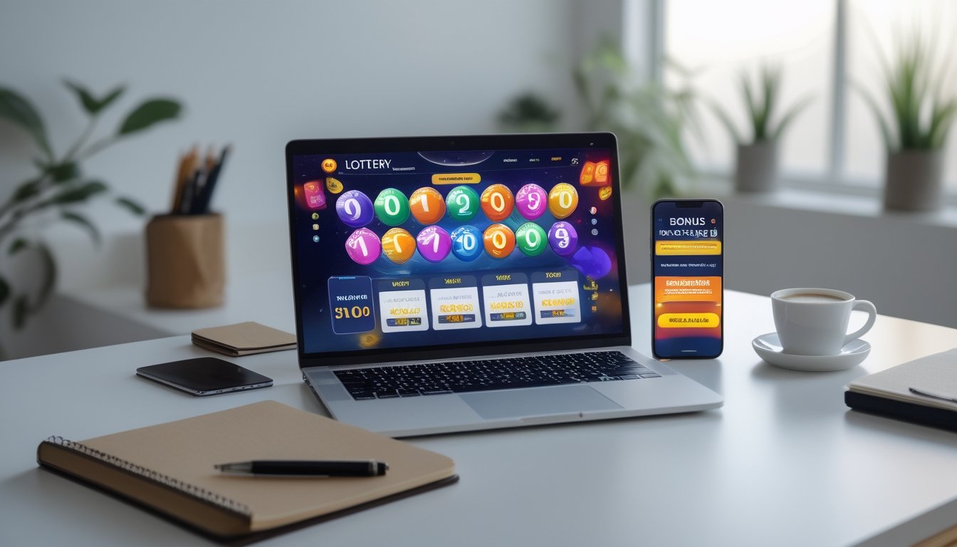 Meja kerja dengan laptop dan ponsel yang menampilkan situs togel online, di samping ada secangkir kopi dan tanaman hias.