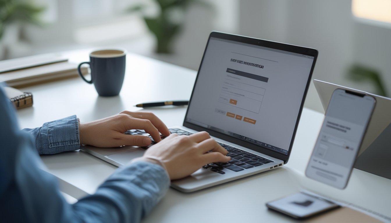 Seseorang sedang mengetik di laptop dengan layar formulir pendaftaran online, di meja juga terdapat ponsel dan alat tulis.