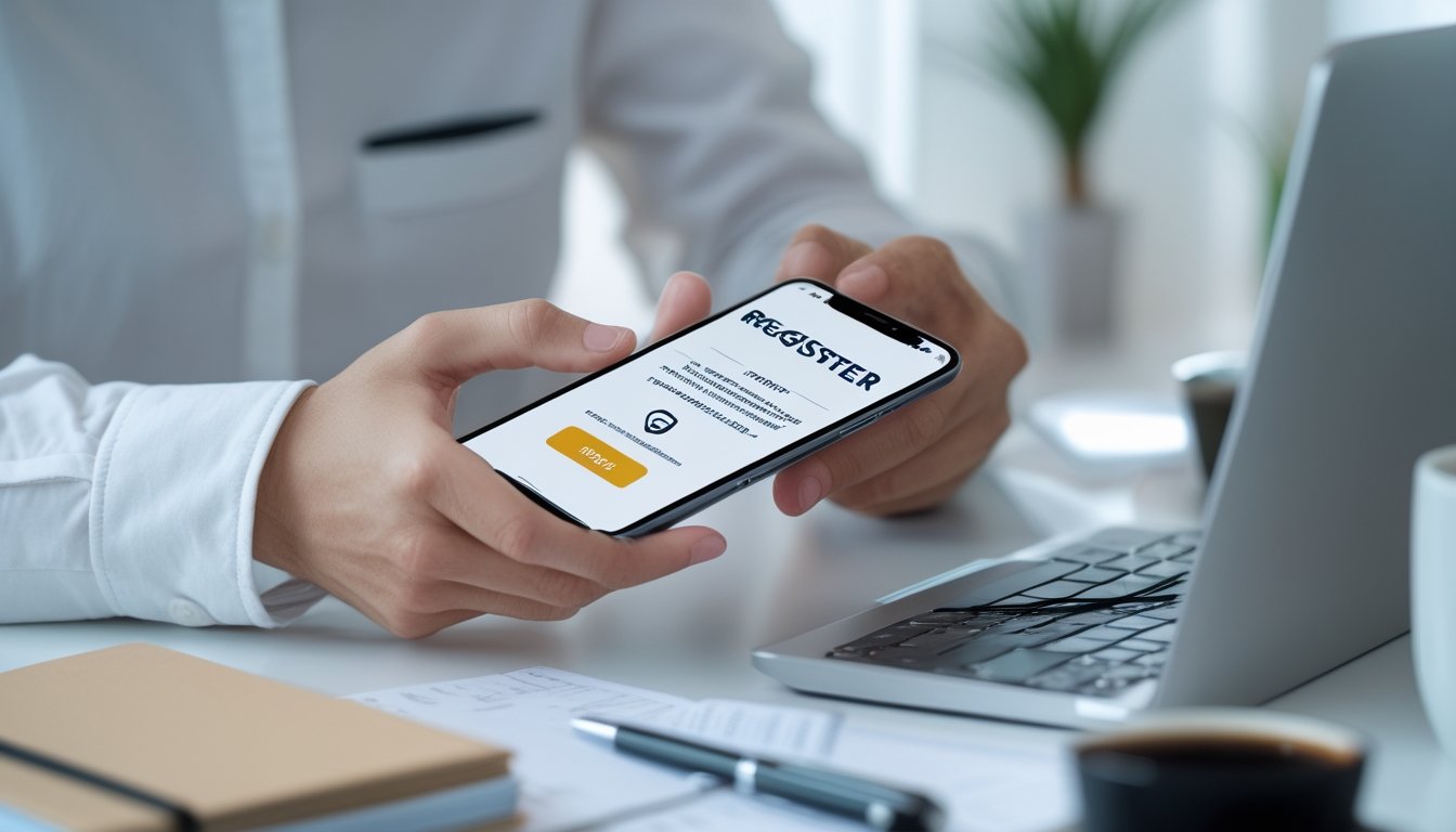 Seseorang menggunakan smartphone untuk mendaftar togel online dengan aman di dalam ruangan yang terang dan rapi.