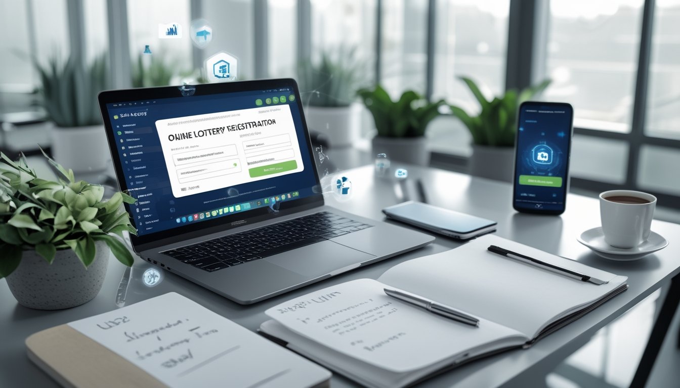 Meja kerja modern dengan laptop menampilkan situs pendaftaran togel online, smartphone, buku catatan, dan cangkir kopi di ruangan kantor terang dengan tanaman hias.