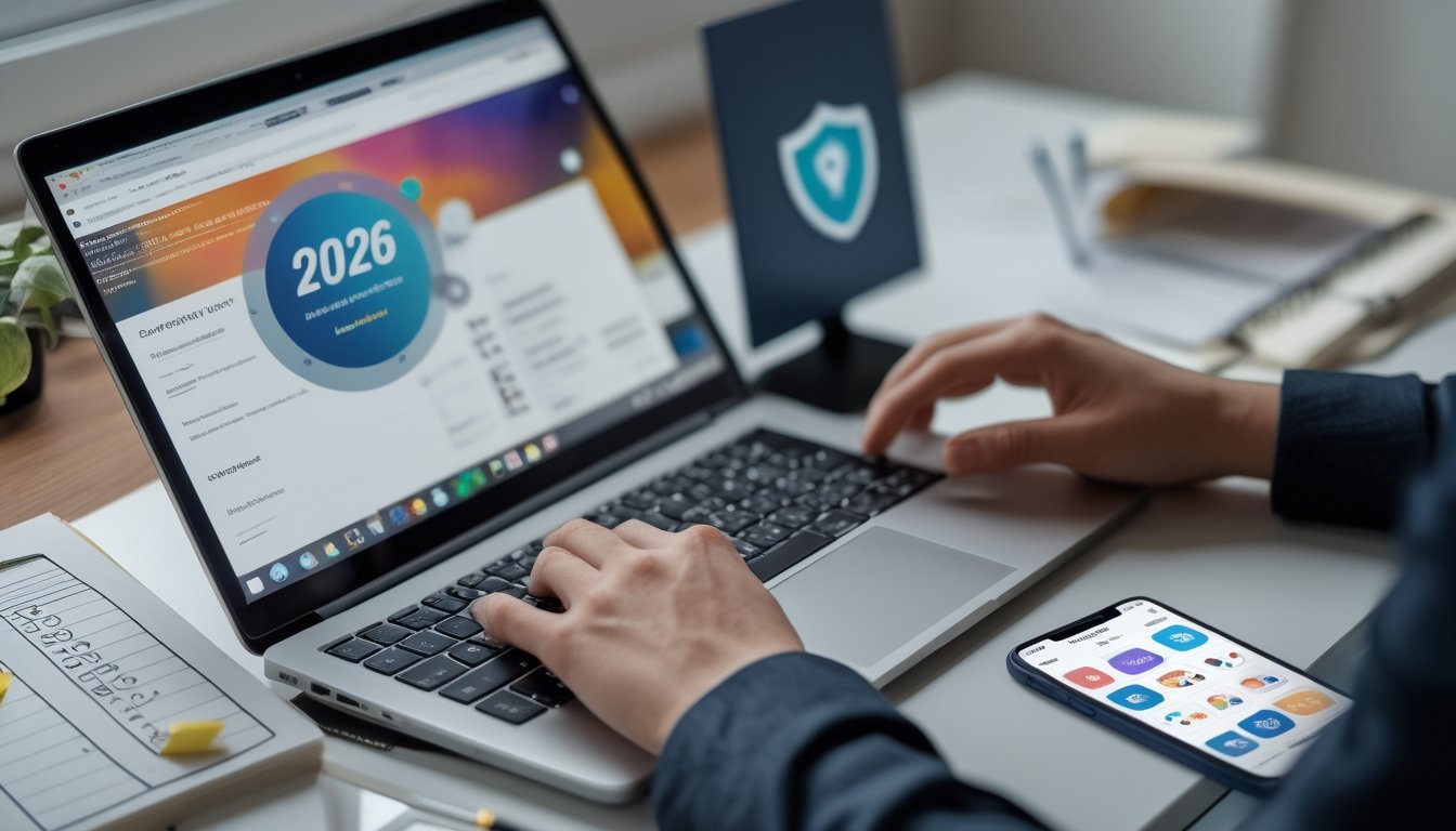 Seorang individu sedang menggunakan laptop dan ponsel di meja kerja untuk mendaftar situs togel online terpercaya tahun 2026.