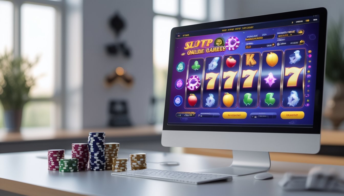 Seorang pemain menggunakan komputer untuk bermain permainan slot online dengan antarmuka permainan yang berwarna-warni di layar.