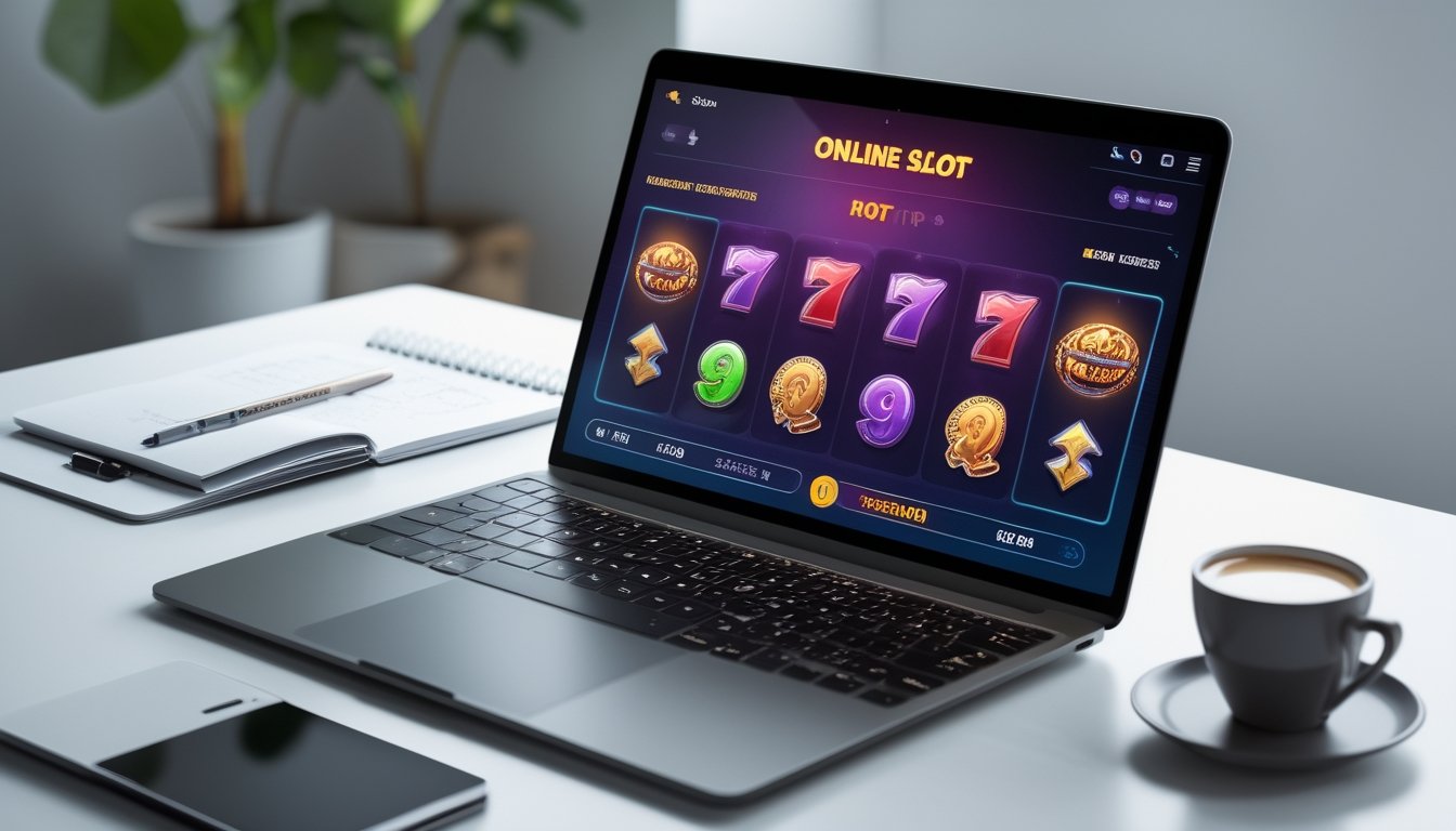 Seorang pemain sedang menggunakan komputer dengan tampilan permainan slot online yang berwarna-warni dan indikator RTP terlihat, di meja terdapat buku catatan dan kopi.