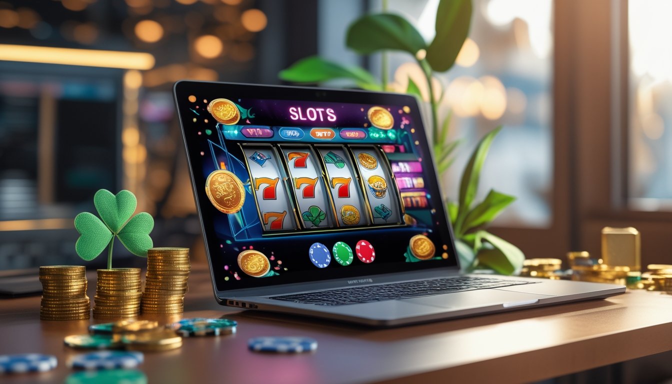Seorang pengguna duduk di depan laptop dengan permainan slot online yang berwarna-warni di layar, dikelilingi oleh koin emas dan chip poker.