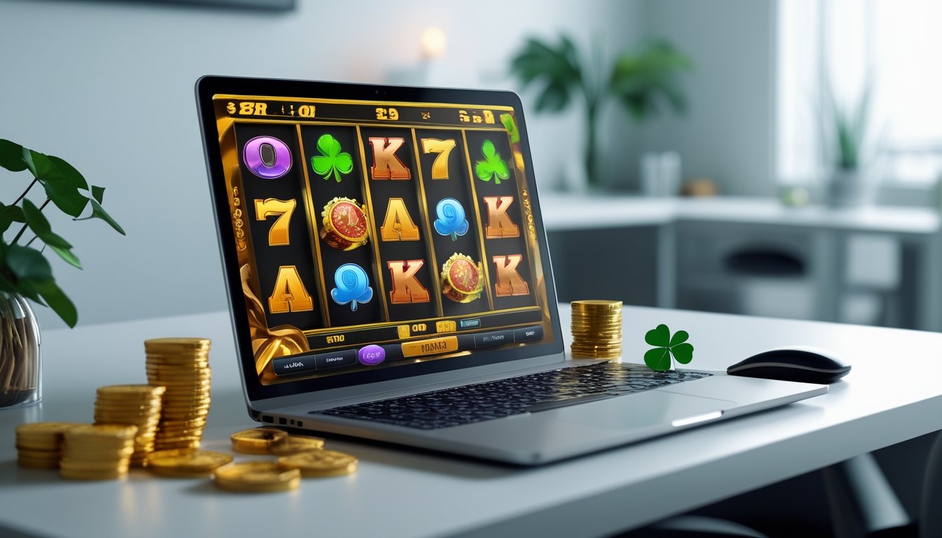 Sebuah laptop menampilkan permainan mesin slot online dengan koin emas dan chip poker di sekitar meja kerja yang rapi.