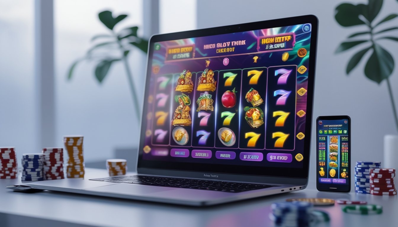 Seorang pemain menggunakan komputer dengan permainan slot online berwarna-warni di layar, dikelilingi oleh chip poker dan koin di meja.