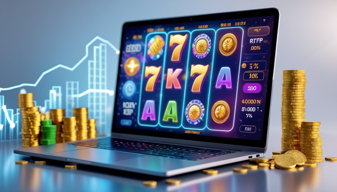 Seorang pengguna laptop dengan tampilan permainan mesin slot online berwarna-warni dan grafik terkait RTP serta volatilitas di sekitar perangkat.