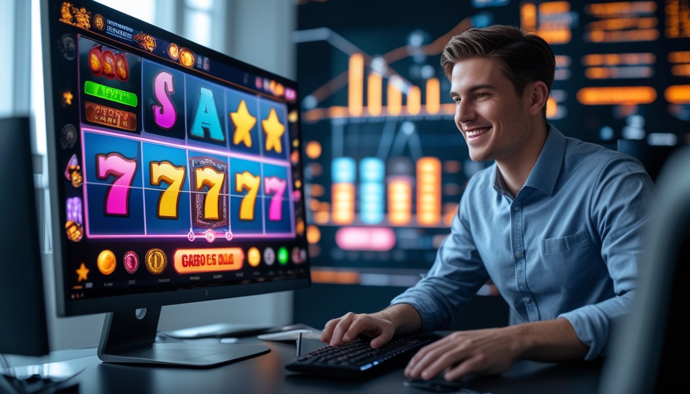Seorang pria muda sedang menggunakan komputer dengan tampilan permainan slot online yang berwarna-warni di layar, di dalam ruangan kantor yang modern dan terang.