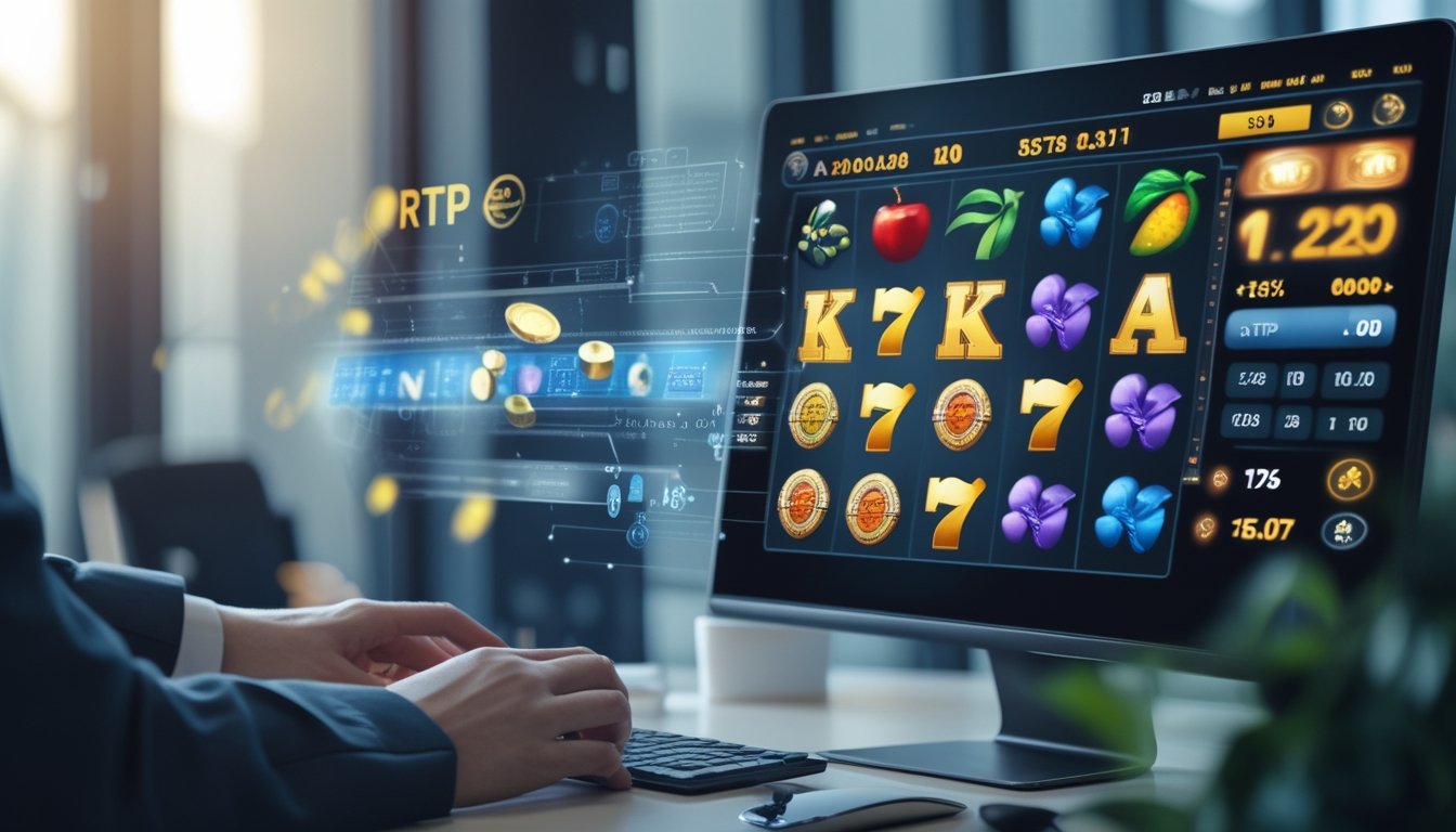 Tampilan layar perangkat dengan permainan slot online berwarna-warni dan grafik data RTP di latar belakang, di sebuah ruang kerja modern.