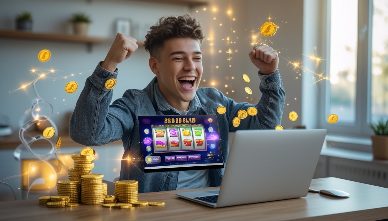 Seseorang yang gembira merayakan kemenangan besar saat bermain mesin slot online di laptop di ruang kerja rumah.