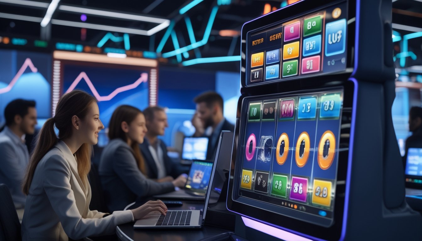 Orang-orang menggunakan perangkat digital untuk bermain mesin slot online dengan layar berwarna cerah dan simbol kemenangan.
