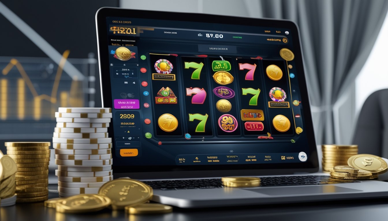 Sebuah meja kerja dengan layar komputer menampilkan permainan slot online berwarna cerah, dikelilingi tumpukan chip kasino dan koin emas.