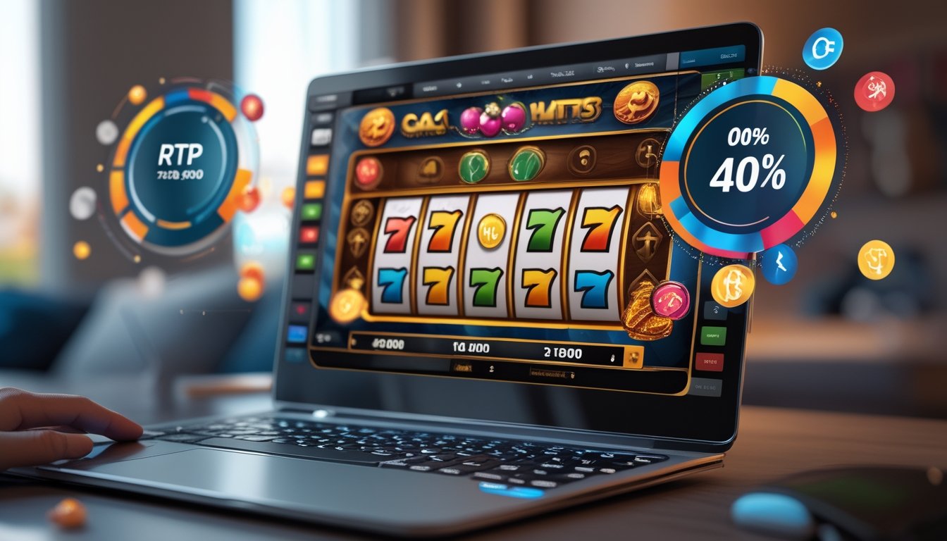 Layar komputer menampilkan permainan slot online dengan gulungan berwarna-warni dan simbol keberuntungan, dikelilingi elemen grafik yang menunjukkan data dan persentase RTP.