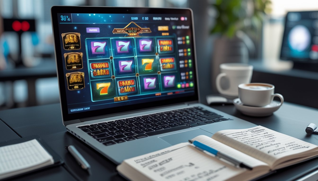 Sebuah meja kerja modern dengan laptop yang menampilkan permainan slot online, buku catatan dengan catatan strategi, dan secangkir kopi di sampingnya.