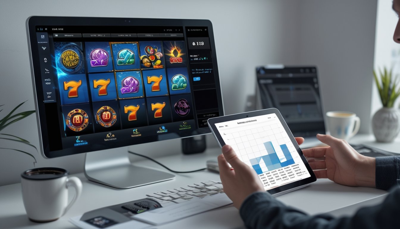 Seorang pria duduk di depan komputer dengan layar menampilkan permainan slot online, sambil memegang tablet yang menunjukkan grafik RTP dan strategi bermain.